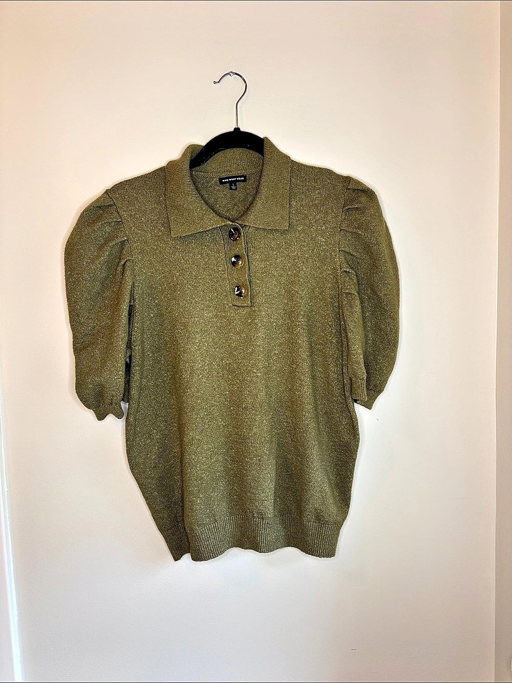 Who What Wear Puff Elbow Sleeve Collared Neck Pullover Sweater Olive Size Large
